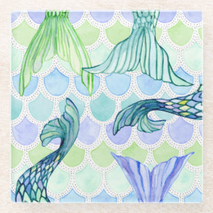 ビーチ人魚の尾水彩魚鱗模様 ガラスコースター