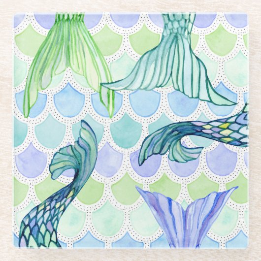 ビーチ人魚の尾水彩魚鱗模様 ガラスコースター (正面)