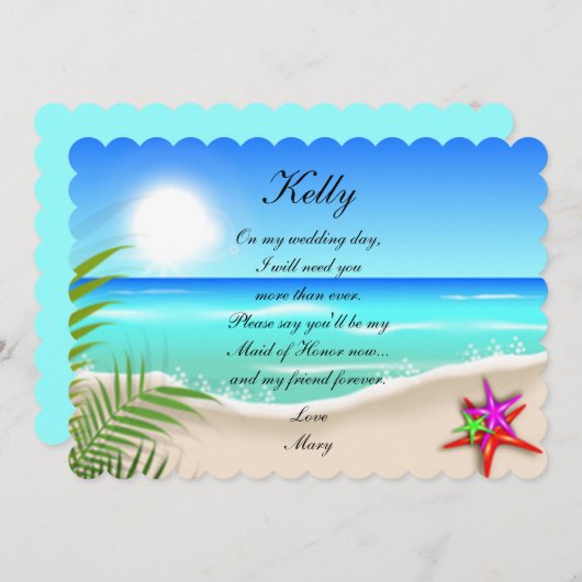 ビーチ付きカラフルヒトデメイド・オブ・オーナー（花嫁付き添い人）カード 招待状 (正面/裏面)