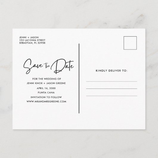 ビーチ先ウェディング日付の保存 案内ポストカード (裏面)