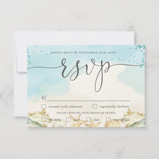 ビーチ先結婚式の食事の選択RSVPカード 出欠カード (正面)