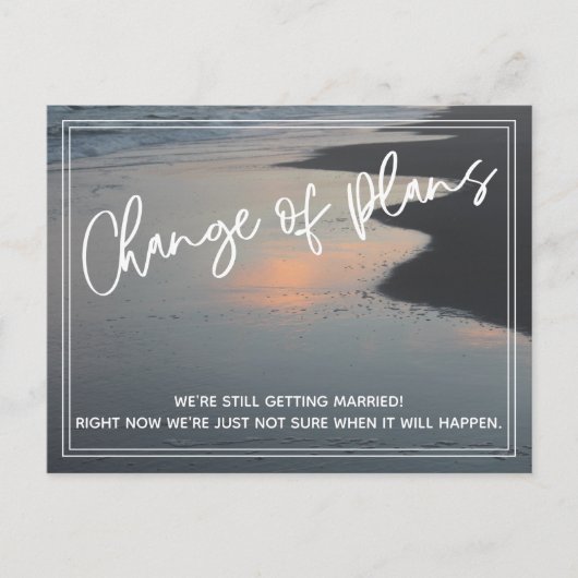 ビーチ写真の変更が延期された計画結婚の ポストカード (正面)
