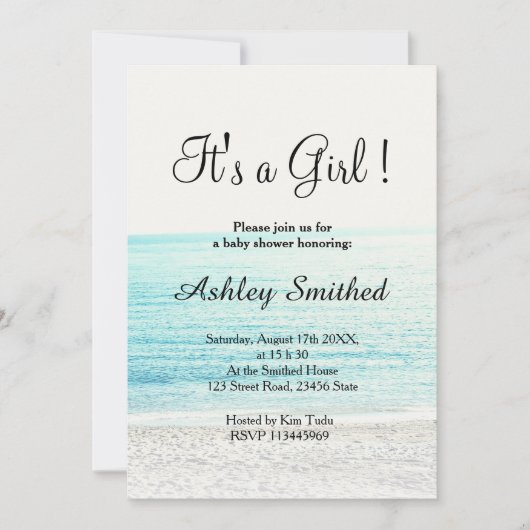 ビーチ写真の熱帯モダンの女の子のベビーシャワー 招待状 (正面)