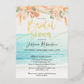 ビーチ写真フローラ水彩画ブライダルシャワー 箔招待状 (正面)
