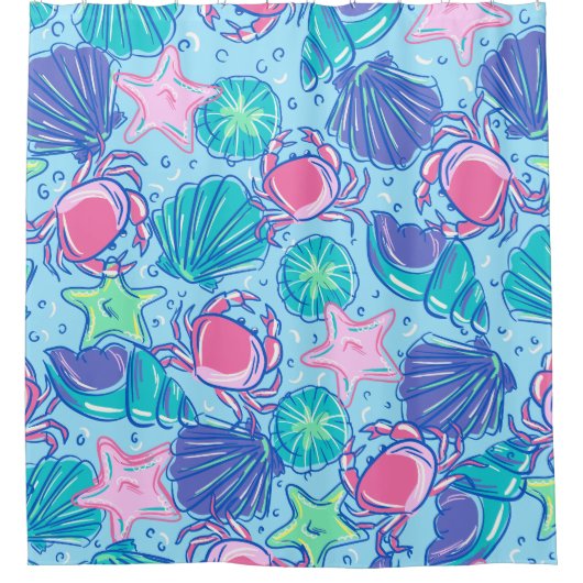 ビーチ名門私立校風のシェルカニ シャワーカーテン (正面)