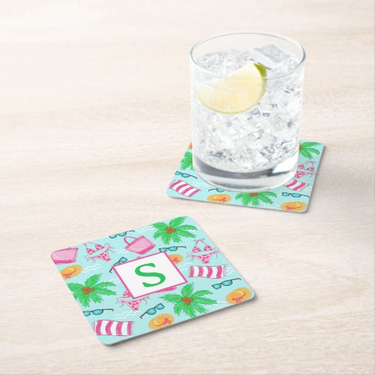 ビーチ名門私立校風のパームツリーズモノグラム スクエアペーパーコースター (インサイチュ)