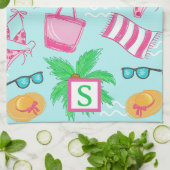 ビーチ名門私立校風のパームツリーモノグラムブルー キッチンタオル (折り畳み)