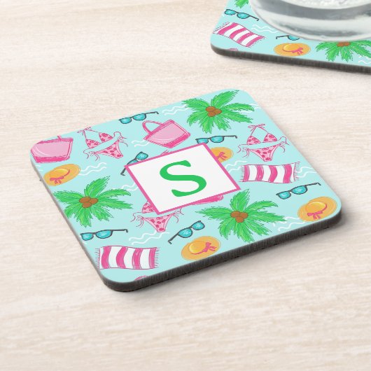 ビーチ名門私立校風のビキニタオルパームツリータオルイニシャル コースター (左側)