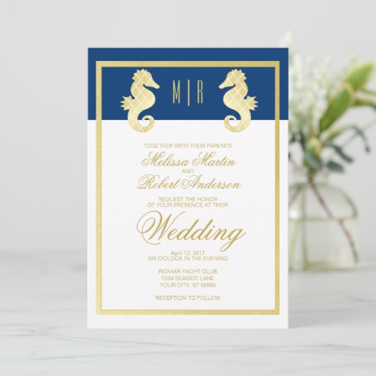 ビーチ名門私立校風の海軍金ゴールド結婚ズ 招待状 (スタンド正面)