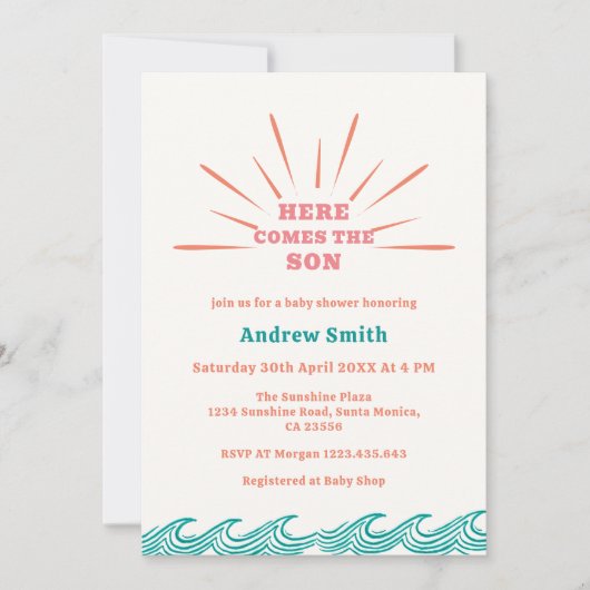 ビーチ夏ここ来の息子の赤ちゃんシャワー 招待状 (正面)