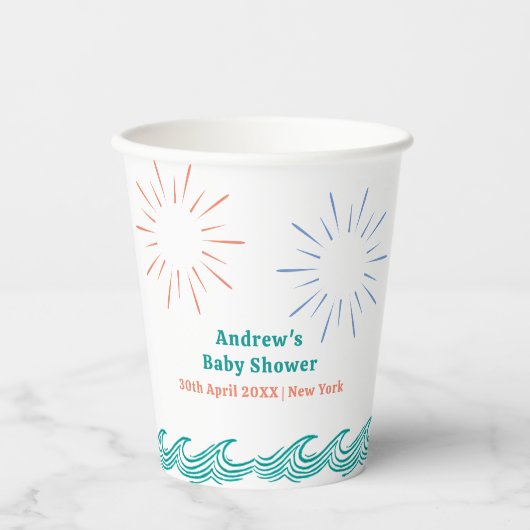 ビーチ夏ここ来の息子の赤ちゃんシャワー 紙コップ (正面)