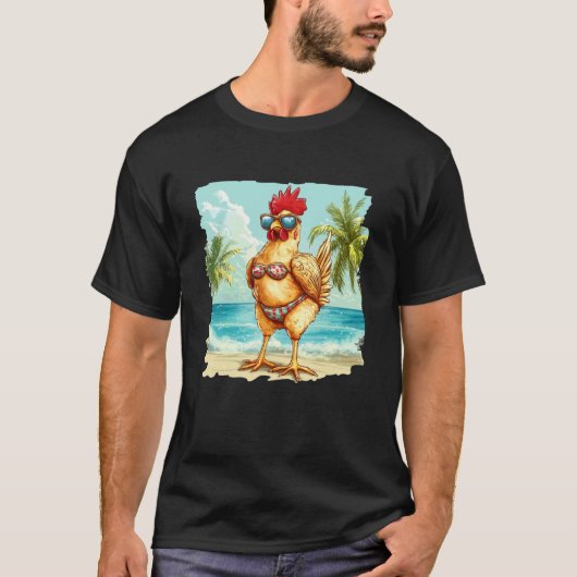 ビーチ好きのためのビキニ姿のヤシの木の下のニワトリ Tシャツ (正面)