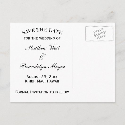 ビーチ宛先ウェディングカードの日付を保存 案内ポストカード (裏面)