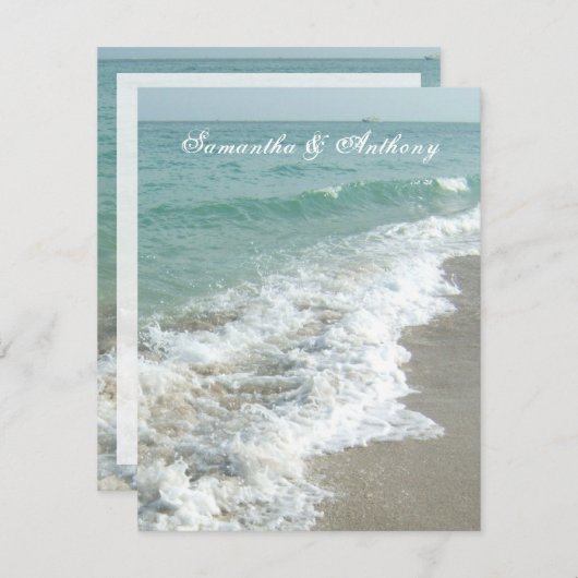 ビーチ宛先ウェディング招待状、泡立ちサーフ 招待状 (正面/裏面)