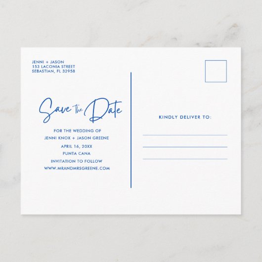 ビーチ宛先ブルーウェディング日付の保存 案内ポストカード (裏面)