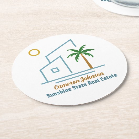 ビーチ実在エステート会社かわいいカスタマイズ ラウンドペーパーコースター (アングル)