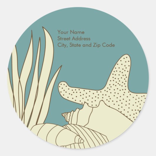 ビーチ差出人住所ラベル – クリーム&ブルー ラウンドシール (正面)