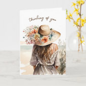 ビーチ帽考えをかぶった人 カード (黄色い花)