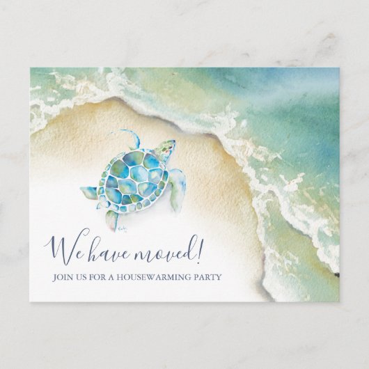 ビーチ引っ越し祝いパーティーパーティの招待状ウミガメ ポストカード (正面)