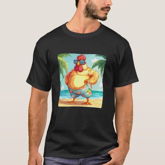 ビーチ愛好家のためのサングラスをかけた水着のニワトリ Tシャツ (正面)