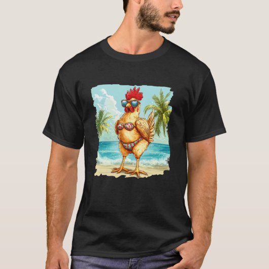 ビーチ愛好家のためのビキニ姿のヤシの木の下のニワトリ Tシャツ (正面)