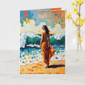 ビーチ抽象芸術考えの女性 カード (黄色い花)