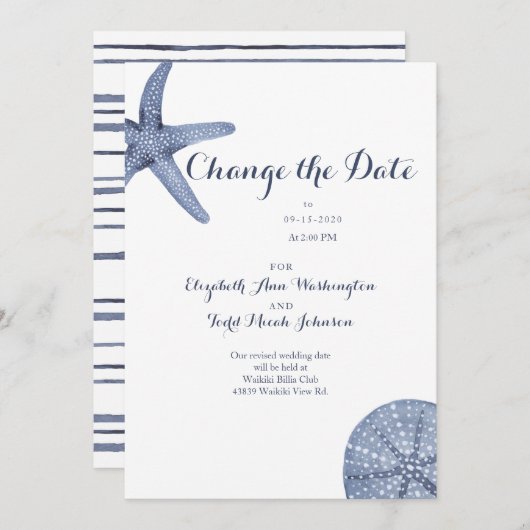 ビーチ日付の変更Waterカラーカード 招待状 (正面/裏面)