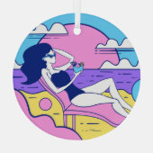 ビーチ日光浴ガールカクテルイラストレーション。 ガラスオーナメント (裏面)