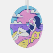 ビーチ日光浴ガールカクテルイラストレーション。 ガラスオーナメント (正面右)