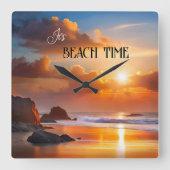 ビーチ時の夕日カラフル スクエア壁時計 (正面)