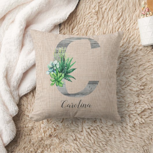 ビーチ木文字C&多肉類パーソナライズされた クッション (ブランケット)