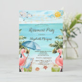 ビーチ椅子，パラソル，ヤシ，ピンクフラミンゴ 招待状 (スタンド正面)