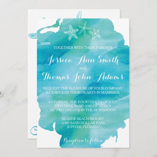 ビーチ水彩ヒトデ海結婚式招待状 招待状 (正面/裏面)