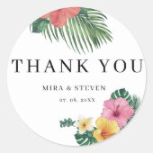 ビーチ水彩熱帯花結婚の感謝していあなた ラウンドシール (正面)
