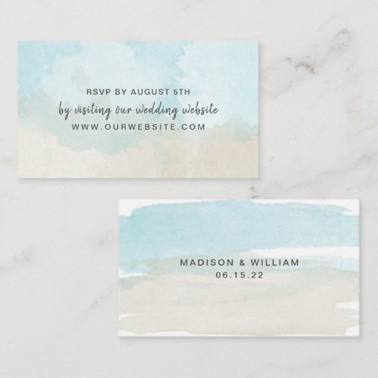 ビーチ水彩結婚式rsvpウェブサイトカード エンクロージャーカード (正面/裏面)
