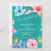 ビーチ水青色熱帯フローラリース結婚ズ 招待状 (正面)