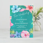ビーチ水青色熱帯フローラリース結婚ズ 招待状 (スタンド正面)