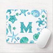 ビーチ沿岸の貝殻とヒトデの水色 マウスパッド (マウス)