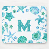 ビーチ沿岸の貝殻とヒトデの水色 マウスパッド (正面)