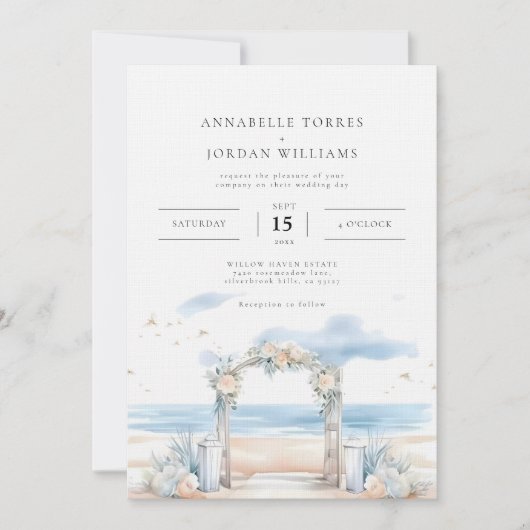 ビーチ沿岸水の色の目的地のウェディングフォト 招待状 (正面)