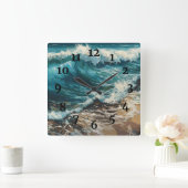 ビーチ波と砂絵画の スクエア壁時計 (ホーム)