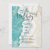 ビーチ波の水色結婚 招待状 (正面)