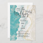 ビーチ波の水色結婚 招待状 (正面/裏面)