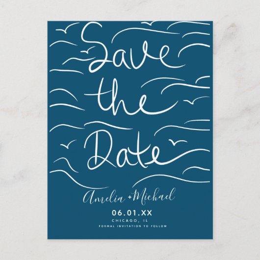 ビーチ波手描きスクリプト日付の写真を保存 ポストカード (正面)