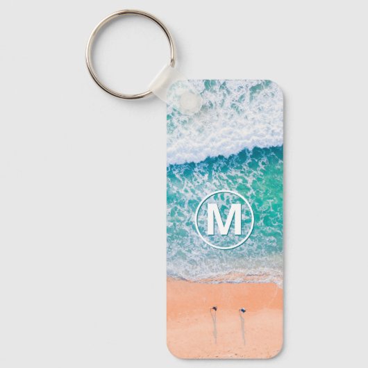 ビーチ波、円の白モノグラム キーホルダー (正面)