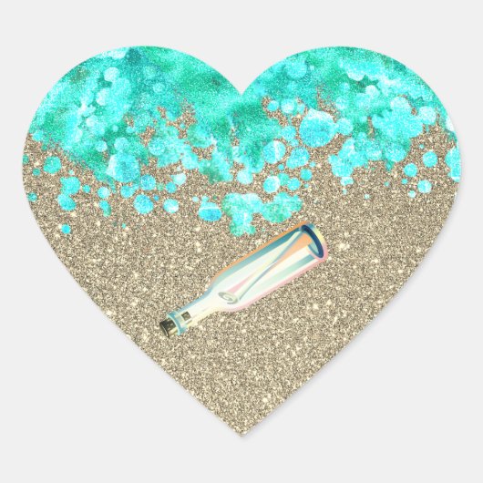 ビーチ海と金ゴールドティール（緑がかった色） ハートシール (正面)