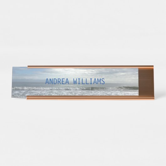 ビーチ海ウェーブモノグラム名ブルーグレー デスクネームプレート (正面)