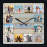 ビーチ海ウ動揺してッド12写真コラージュ写真 スクエア壁時計<br><div class="desc">この航海の風化デザインは、12枚の写数々の真の宇宙を備えた、色の木の板の背景を特徴としています。クリック文字とデザインの要素をより柔軟に修正/追加するためのボタン！このデザインのバリエーションとコーディネート製品は、当社のWebサイト(zazzle.com/store/doodlelulu)で入手できます。連絡このデザインを特定の製品に適用して、独自の一致するアイテムを作成する必要がユニークあります！6月2日までにDoodleLuluを見てくれて本当にありがとうございますバグデザイン!</div>