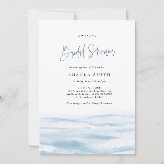 ビーチ海コースタルダスティブルーブライダルシャワーインバート 招待状 (正面)