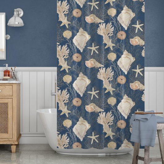 ビーチ海コーラルスターフィッシュネイビーシェルウォーター色 シャワーカーテン